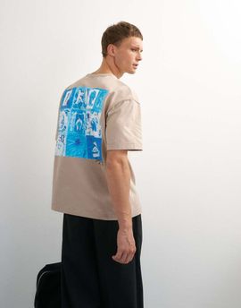 Topman Topman x Jing relaxed front and back mosaic graphic T-shirt with embroidery in stone-Neutral