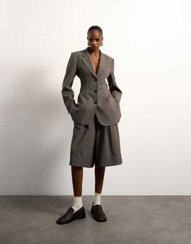 Topshop Tolu Coker x Topshop tailored longline shorts in taupe-Brown