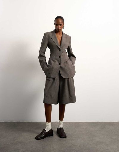 Topshop Tolu Coker x Topshop tailored longline shorts in taupe-Brown
