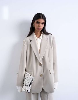 Topshop Topshop 2 button relaxed fit blazer in stone - part of a set-Neutral