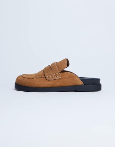 Topshop Topshop Addie real suede mule loafer in tan-Brown