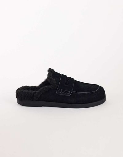 Topshop Topshop Addie real suede mule loafer with shearling in black