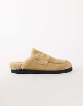Topshop Topshop Addie real suede mule loafer with shearling in sand-NEUTRAL
