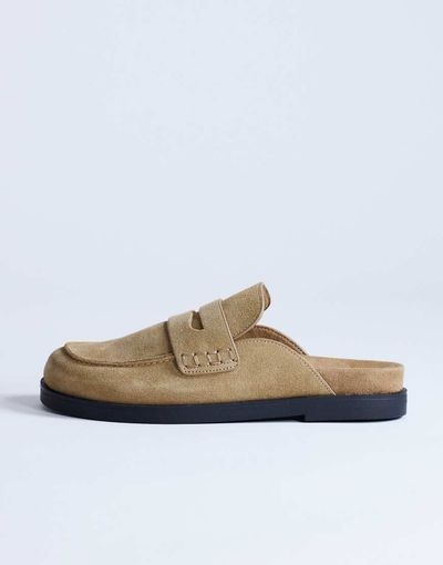 Topshop Topshop Addie real suede mule loafers in taupe-Neutral