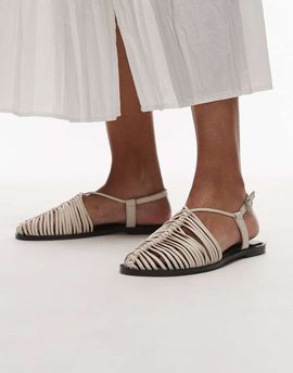 Topshop Topshop Aidan leather weave tie up flat shoes in off white