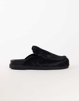 Topshop Topshop Alexia long hair-on real leather loafer mules in black