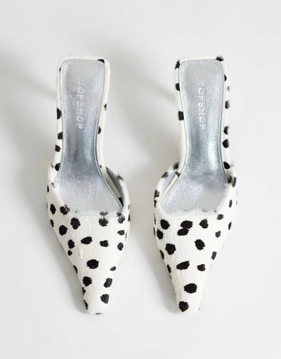 Topshop Topshop Alfie real hair-on leather pointed toe mid heeled pumps in dalmatian-White