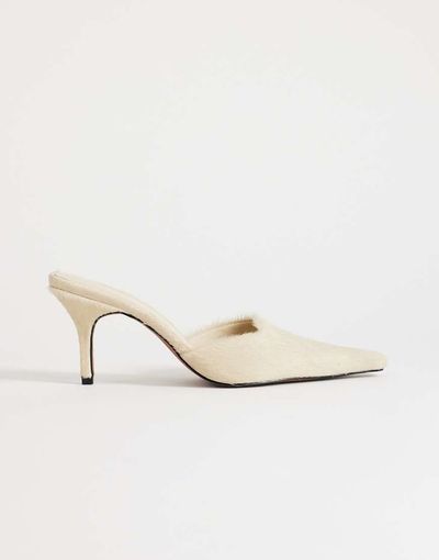 Topshop Topshop Alfie real hair on leather pointed mid heeled mule pumps in off white