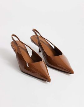 Topshop Topshop Ali kitten heel sling back pumps in tan patent-Brown