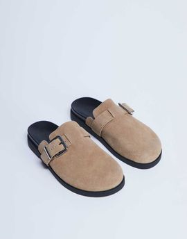 Topshop Topshop Amy slip on mules with buckle in beige hair on real leather-Neutral