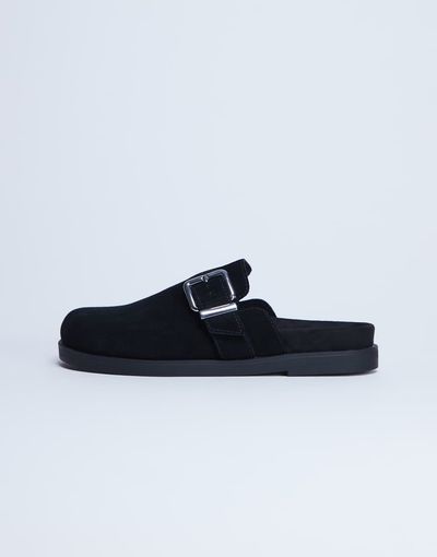 Topshop Topshop Amy slip on mules with buckle in black hair on real leather
