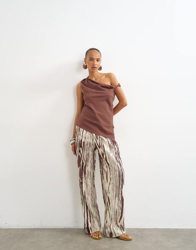 Topshop Topshop animal plisse wide leg pants in brown-Green
