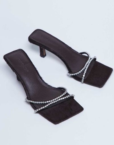 Topshop Topshop Astrid rhinestone heeled mules in chocolate real leather pony-Brown