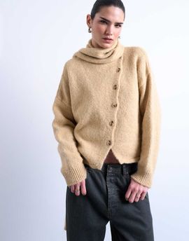 Topshop Topshop asymmetric knit cardigan with scarf in oat beige-Brown