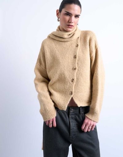Topshop Topshop asymmetric knit cardigan with scarf in oat beige-Brown