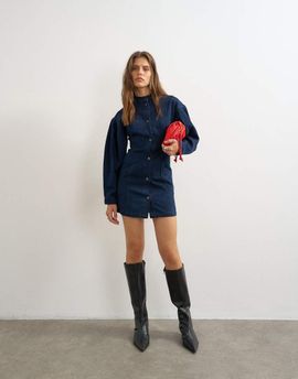Topshop Topshop balloon sleeve mock neck mini dress in blue denim