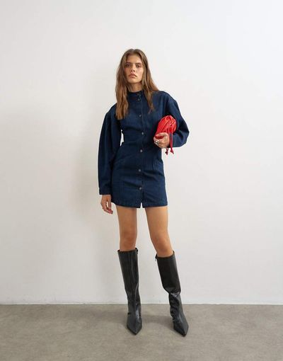 Topshop Topshop balloon sleeve mock neck mini dress in blue denim