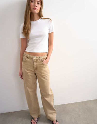 Topshop Topshop Barrel high rise jeans in washed beige-Brown