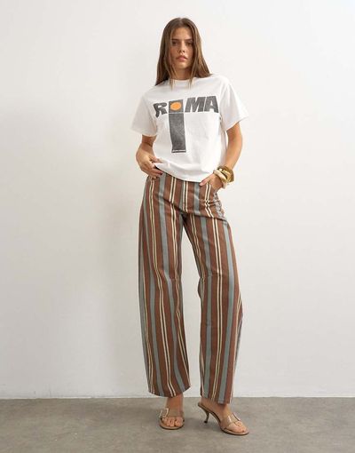 Topshop Topshop Barrel mid rise jeans in brown and blue stripes-Multi