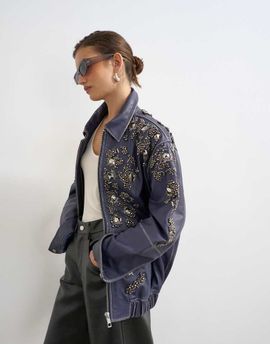 Topshop Topshop beaded real leather jacket in blue