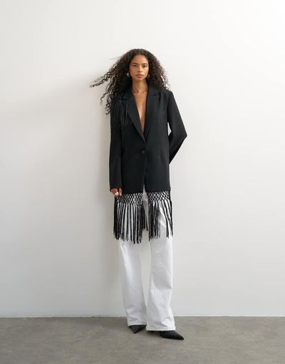 Topshop Topshop blazer with fringe detail in black