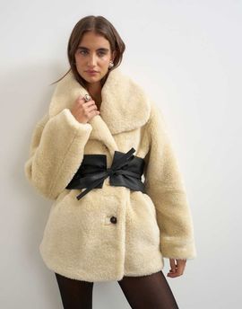 Topshop Topshop borg coat with faux leather belt in cream-WHITE