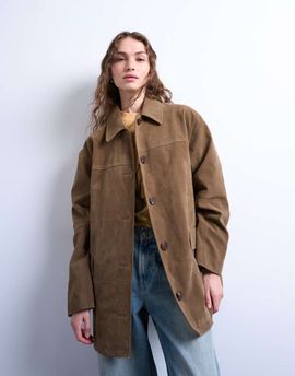 Topshop Topshop boxy mid length high break faux suede jacket in brown