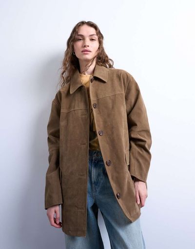 Topshop Topshop boxy mid length high break faux suede jacket in brown