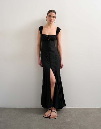 Topshop Topshop button front cap sleeve maxi sundress in black