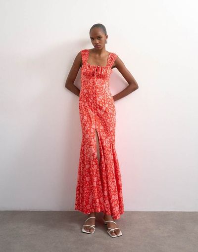 Topshop Topshop button front cap sleeve maxi sundress in red ditsy floral