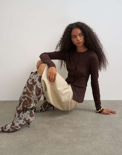 Topshop Topshop button through long sleeve top in chocolate-Brown