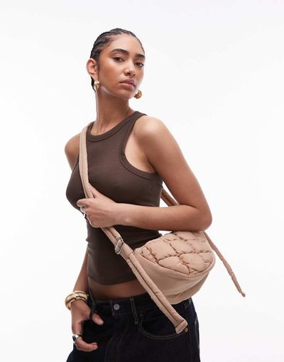 Topshop Topshop Callie scoop quilted nylon cross body bag in camel-Neutral