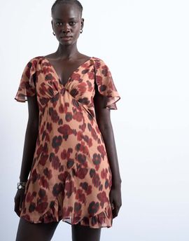 Topshop Topshop cape sleeve godet hem mini dress in modern print-Brown