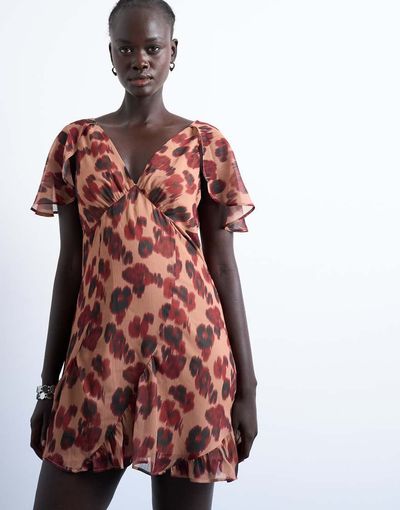 Topshop Topshop cape sleeve godet hem mini dress in modern print-Brown