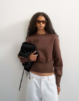 Topshop Topshop cinched waist batwing sleeve knit sweater in chocolate-Brown