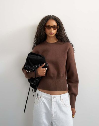 Topshop Topshop cinched waist batwing sleeve knit sweater in chocolate-Brown