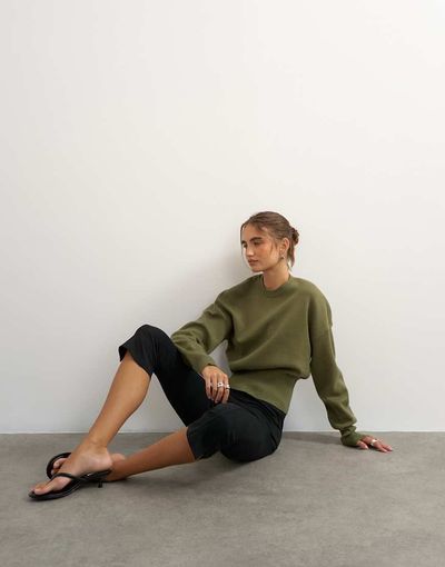 Topshop Topshop cinched waist batwing sleeve knit sweater in khaki green