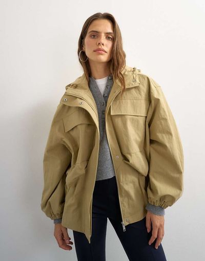 Topshop Topshop cinched waist hooded anorak in camel-Neutral