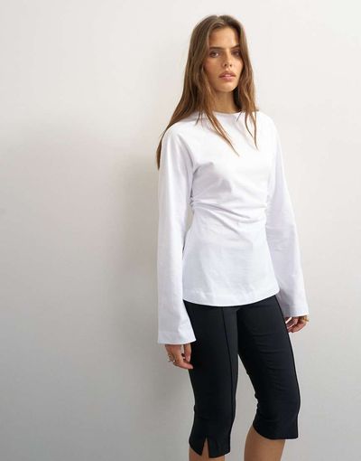 Topshop Cinched Waist Long Sleeve Raglan T-Shirt In White