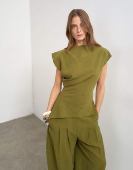 Topshop Topshop co ord asymmetric neckline top in khaki-Gray