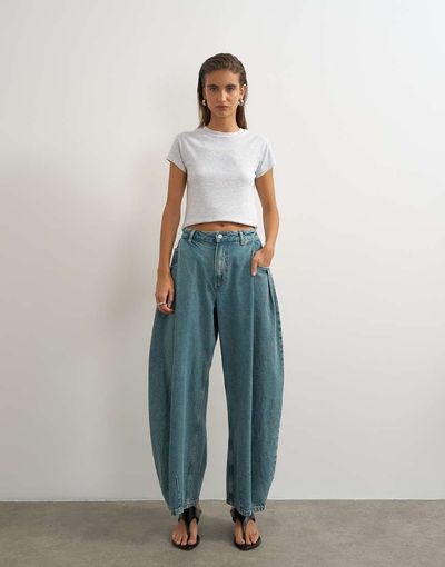 Topshop Topshop Cocoon Barrel mid rise jeans in green cast-Blue