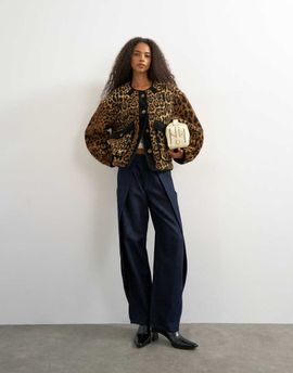 Topshop Topshop collarless corduroy fleece jacket in animal print-Brown