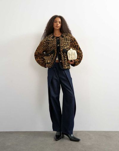 Topshop Topshop collarless corduroy fleece jacket in animal print-Brown
