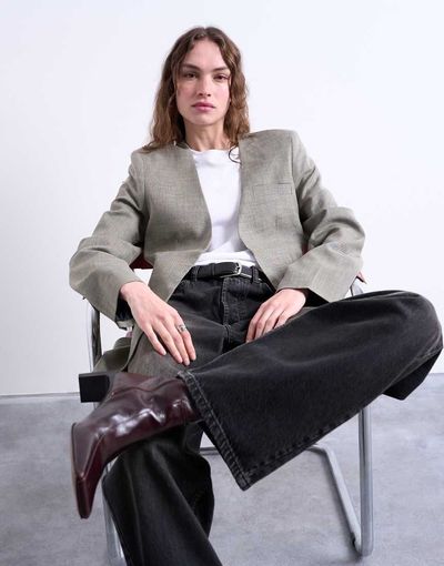 Topshop Topshop collarless throw on blazer in gray plaid