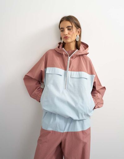 Topshop Topshop color block bomber jacket in blue and mauve-No color