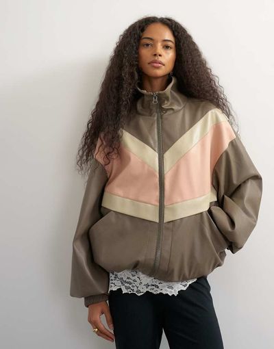 Topshop Topshop color block leather look track jacket in pink