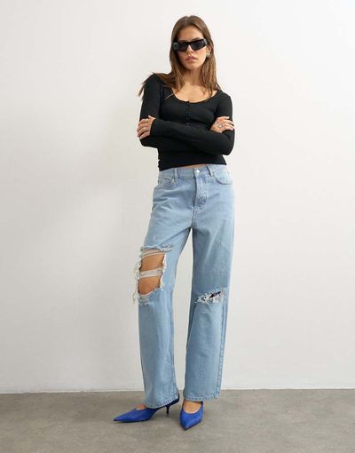 Topshop Topshop Column mid rise jeans with extreme rips in bleach-Blue
