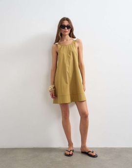 Topshop Topshop contrast stitch tape detail smock mini dress in light khaki-Green