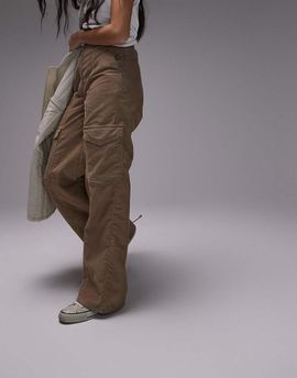 Topshop Topshop cord utility cargo straight leg pants in beige-Neutral