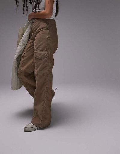 Topshop Topshop cord utility cargo straight leg pants in beige-Neutral